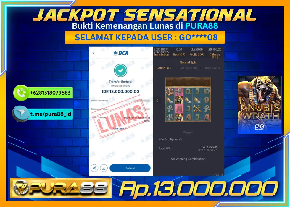 PURA88 JACKPOT ANUBIS WRATH Rp 13.000.000,- LUNAS